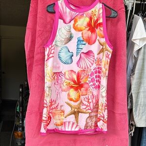 SHEIN Pink Tropical Seashell Girls' Swim Tank with Hibiscus Print